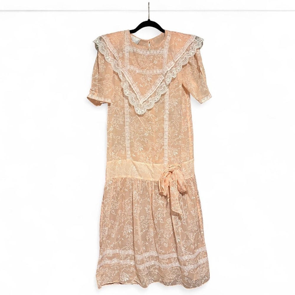 Vintage Gunne Sax Dress XS 3 Peach Sheer Lace Drop Waist Floral Cottagecore - Picture 1 of 8